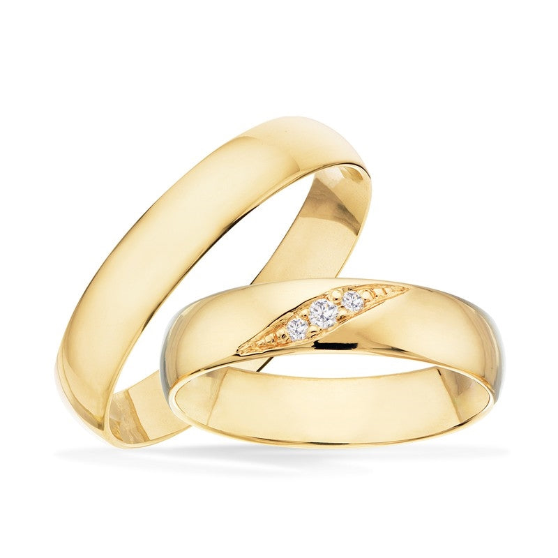 Vielsesringe 8-14 kt guld m. diagonalt snit & brillanter 0,04ct