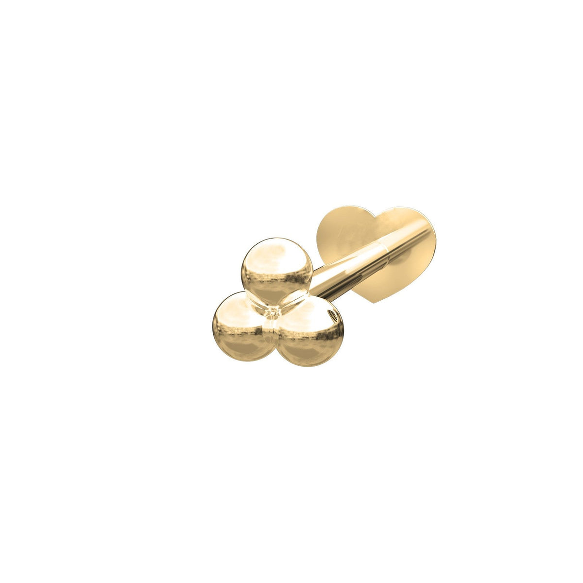 Nordahl Andersen labret piercing i 14 kt. guld med tre små kugler og hjerteformet plade