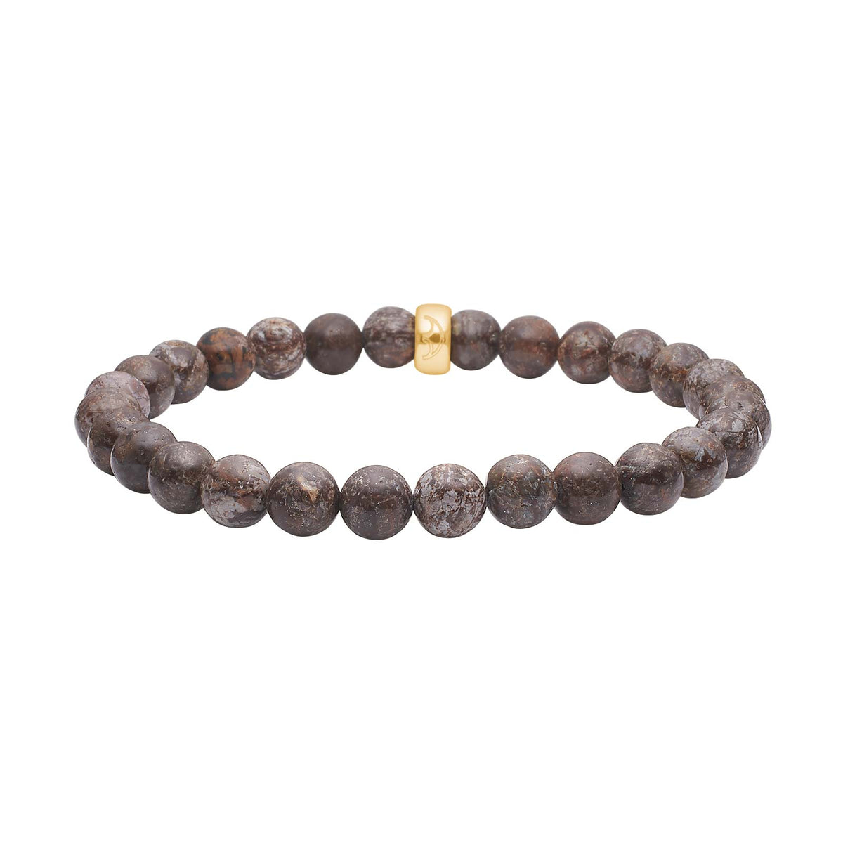 Heide Heinzendorff Jaspis armbånd i forgyldt sølv med 6 mm runde natursten i brune og grå nuancer.