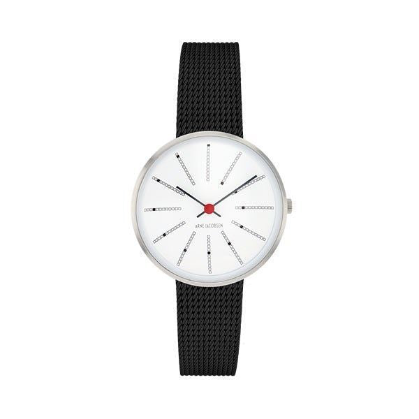Arne Jacobsen ur - Bankers - Ø 30 mm - Sort mesh & Hvid skive 53100-1410