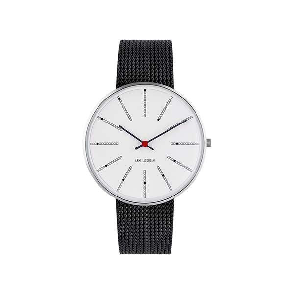 Arne Jacobsen Bankers armbåndsur Hvid skive og sort mesh lænke 53102-2001