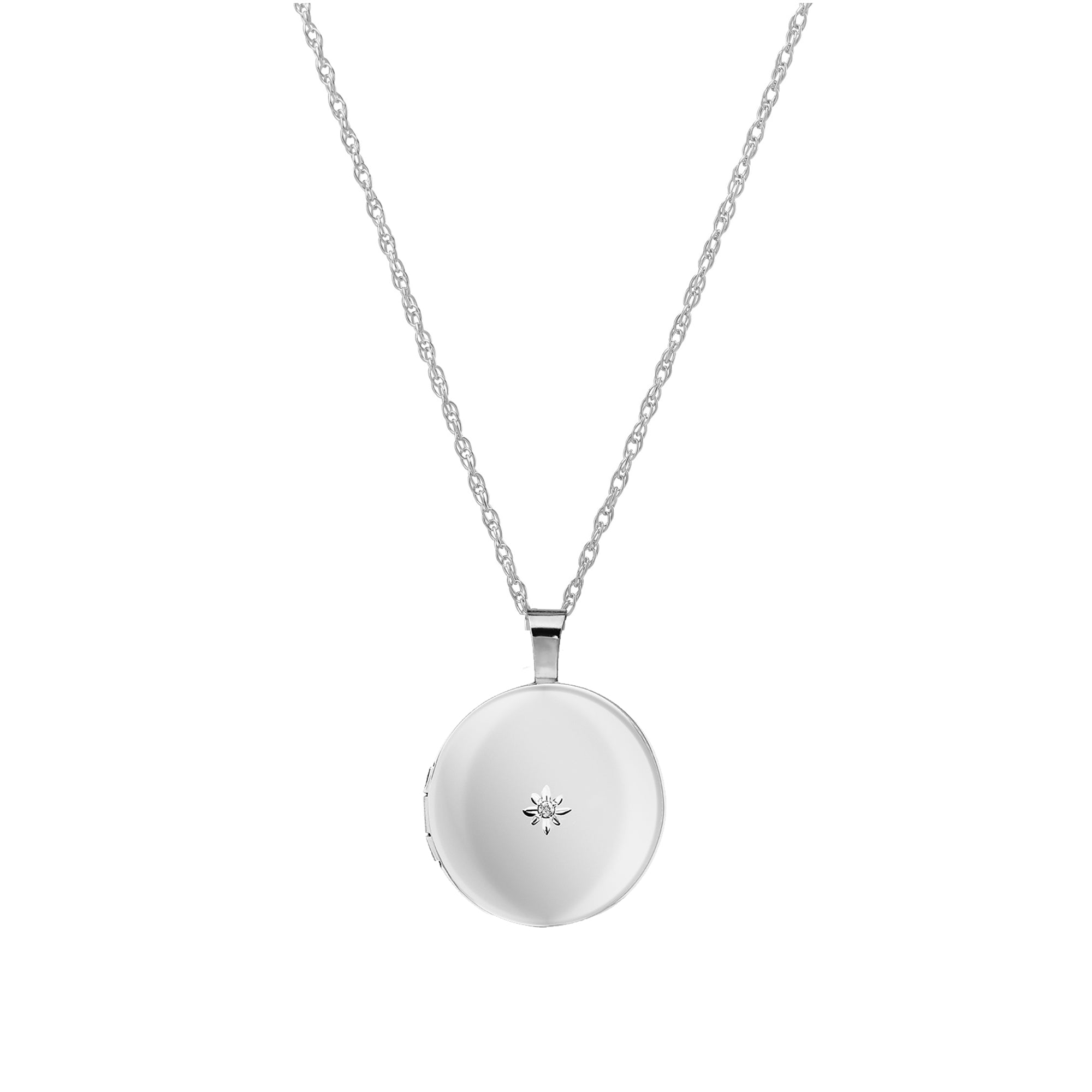Siersbøl rund medaljon i rhodineret sølv med 0,01 ct brillantslebet diamant – 18 mm