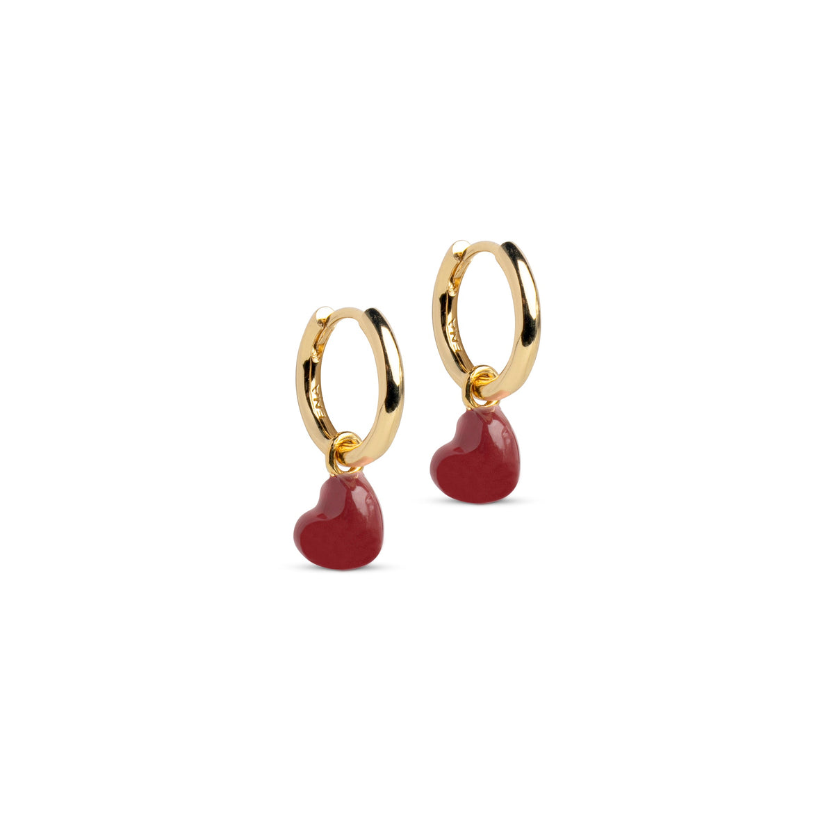 Enamel Grand Amore Hoops i forgyldt messing med bordeaux hjerter