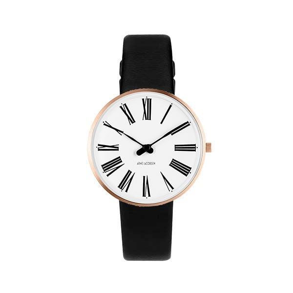 Arne Jacobsen ur - Roman - Ø34 mm - Rosaforgyldt & Sort læderrem