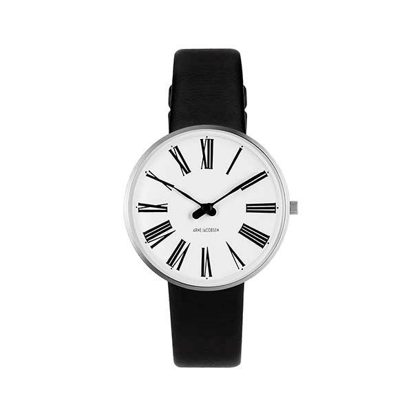 Arne Jacobsen ur - Roman - Ø34 mm - Stål & Sort læderrem