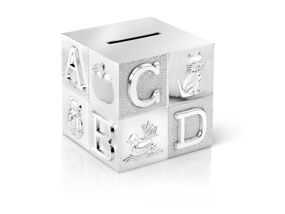 Zilverstad Cube sparebøsse i sølvfarvet metal med prægede motiver.