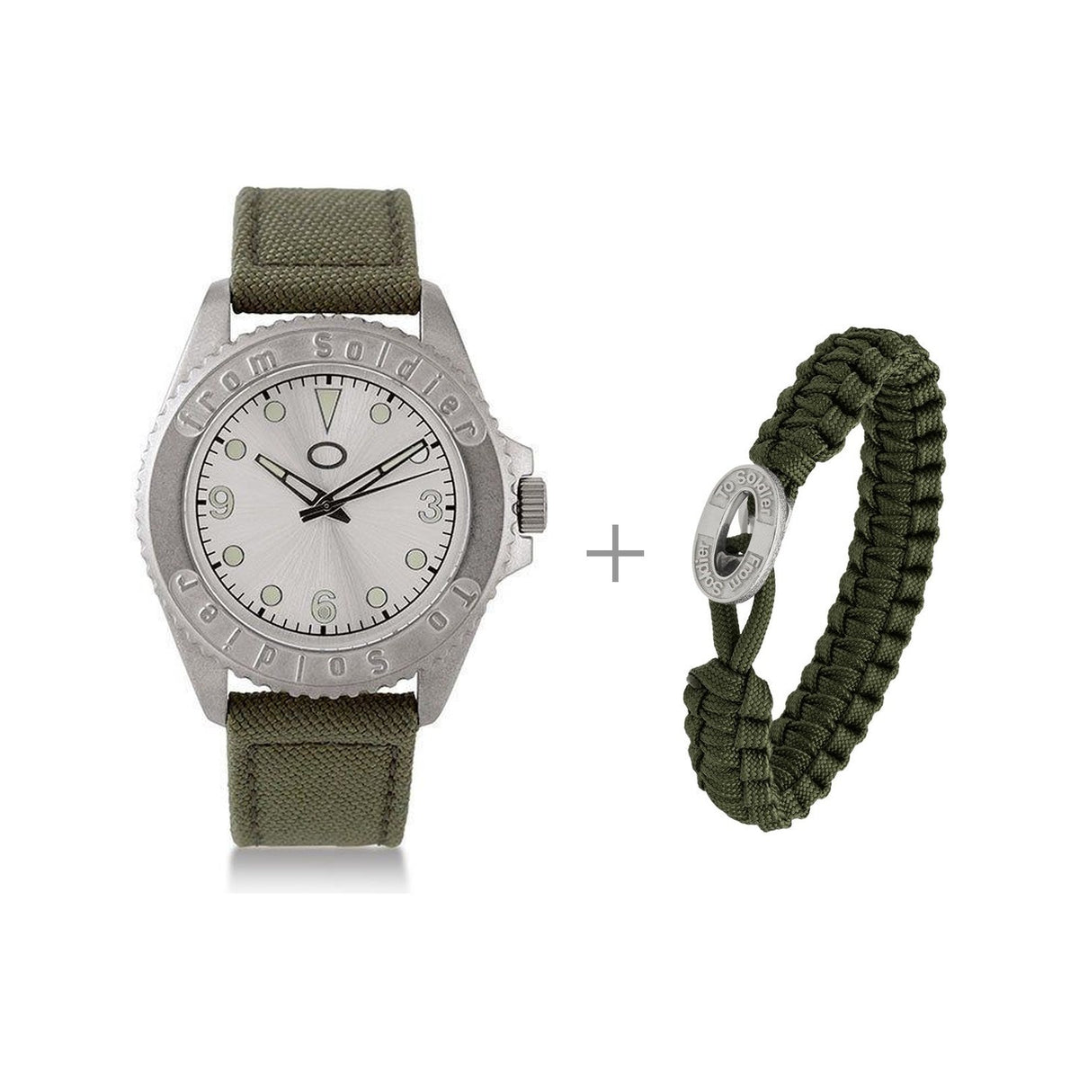 From Soldier To Soldier sæt med ur med grøn rem og grønt armbånd i faldskærmsline med oval stållås