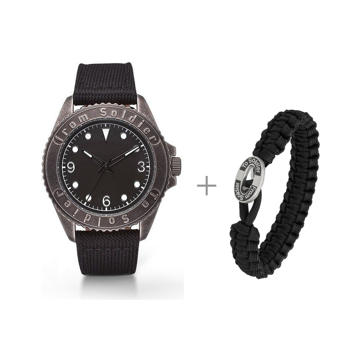 From Soldier To Soldier sæt med sort ur med safirglas og sort armbånd i faldskærmsline med stållås og emalje