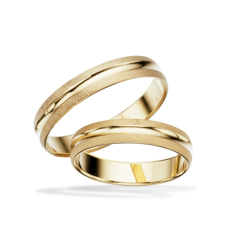 Scrouples vielsesringe i guld med blank overflade og matte linjer, 4 mm