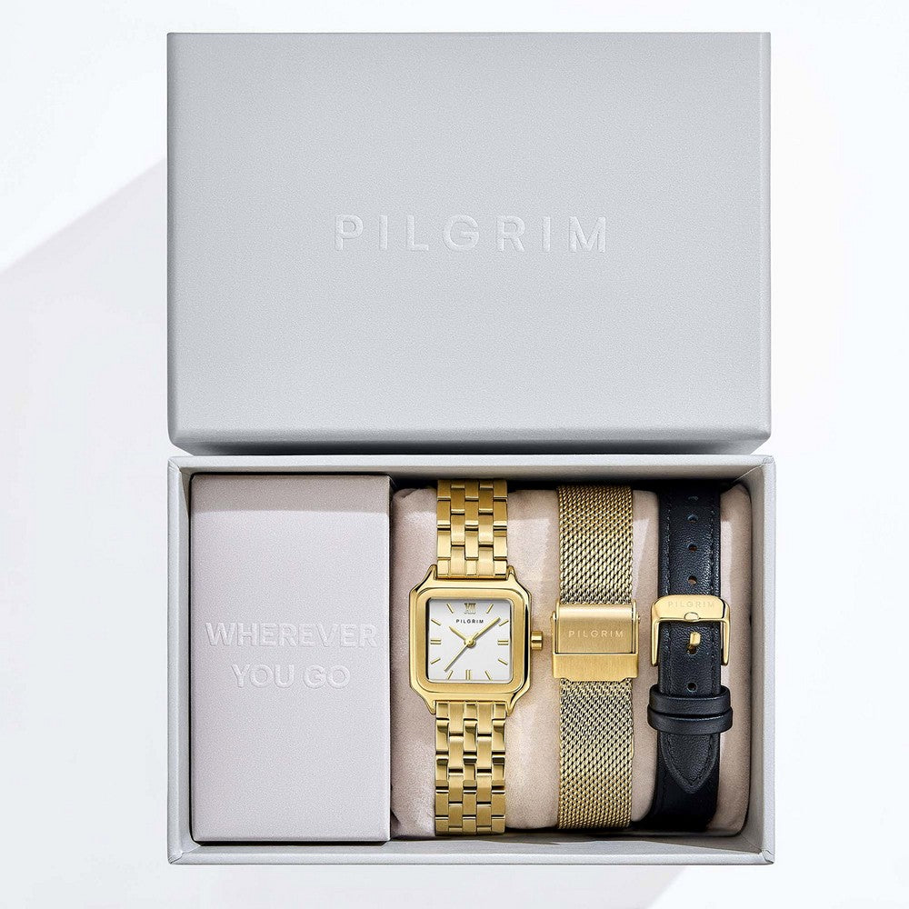 Pilgrim gavesæt med firkantet guldfarvet ur og armbånd i æske