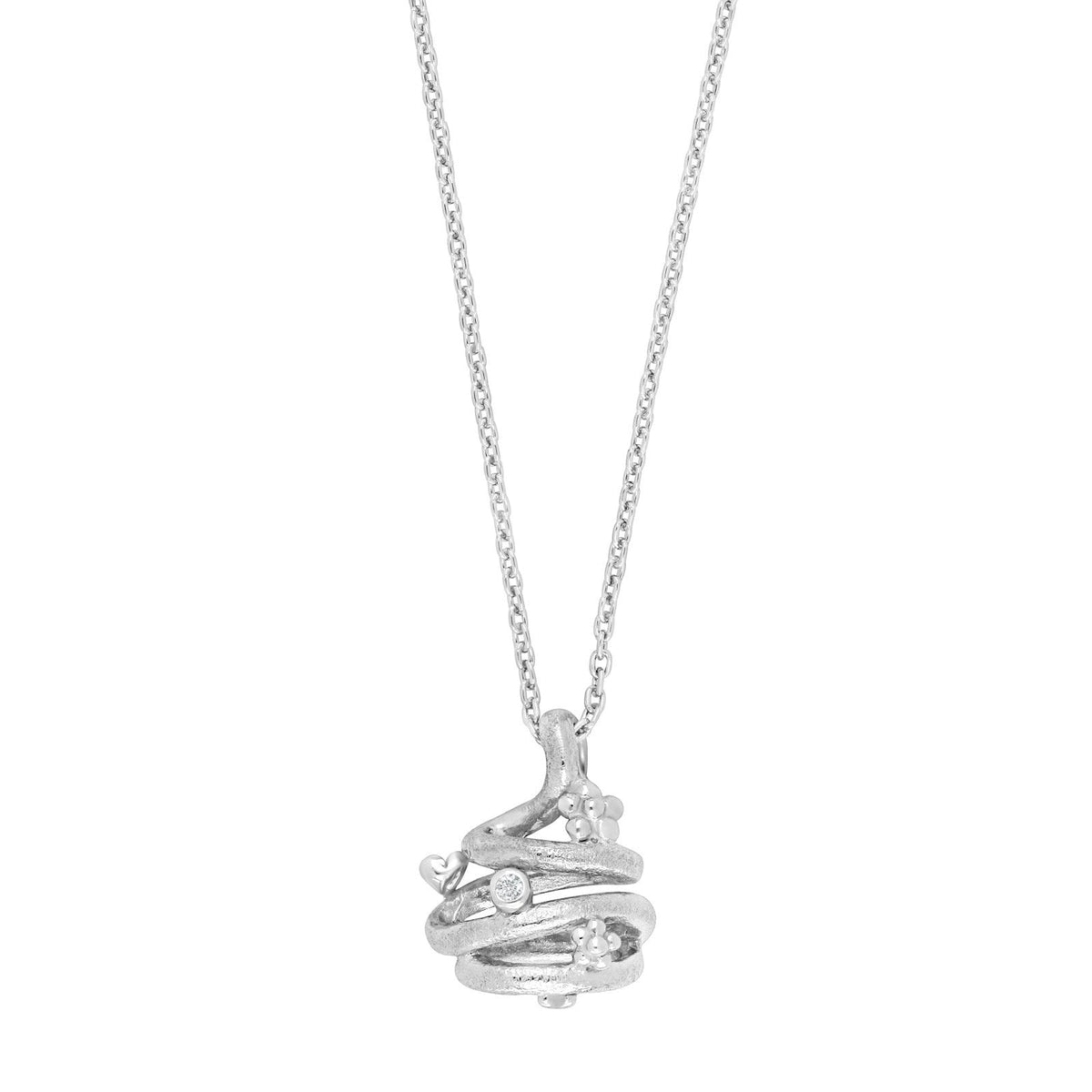 Siersbøl vedhæng i børstet rhodineret sølv med zirkonia og organiske, bløde former