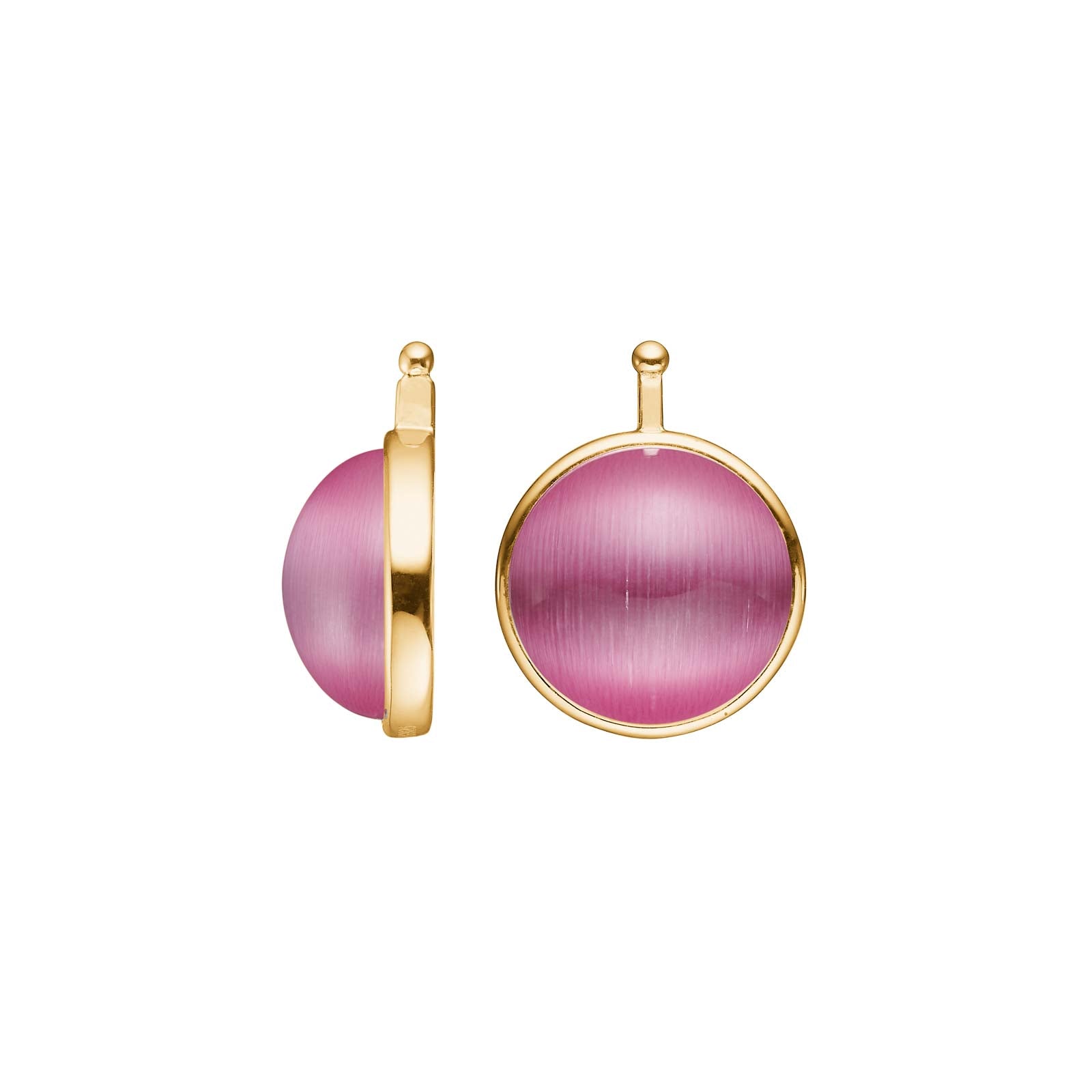 Heide Heinzendorff katteøje cabochon system-vedhæng til øreringe i forgyldt sølv med en rund, rosa og lilla 13 mm sten.