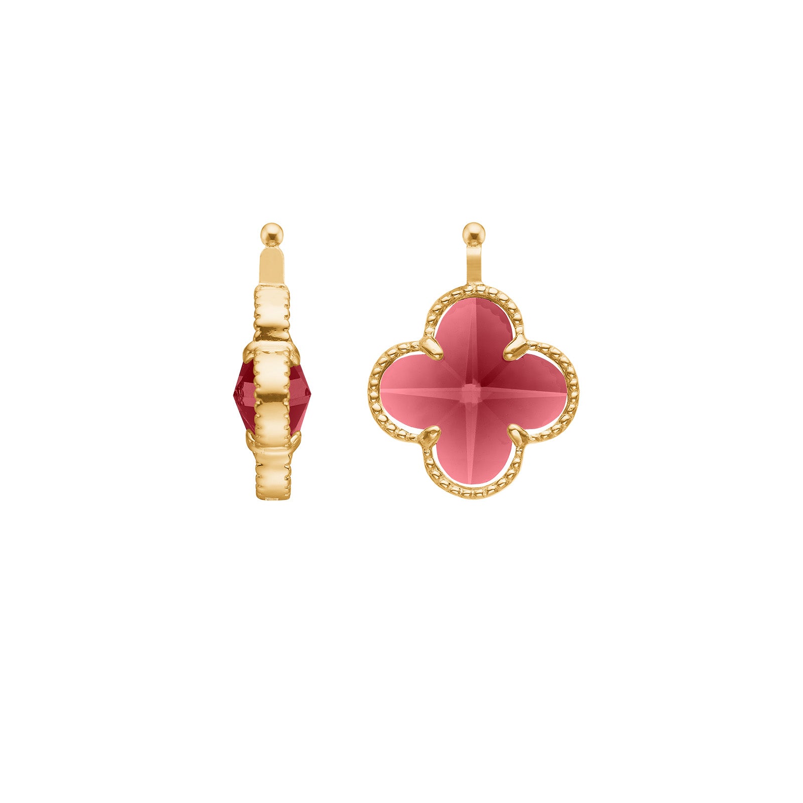 Heide Heinzendorff glasfacet kløvervedhæng i 14 mm forgyldt sølv med mørk pink glassten.