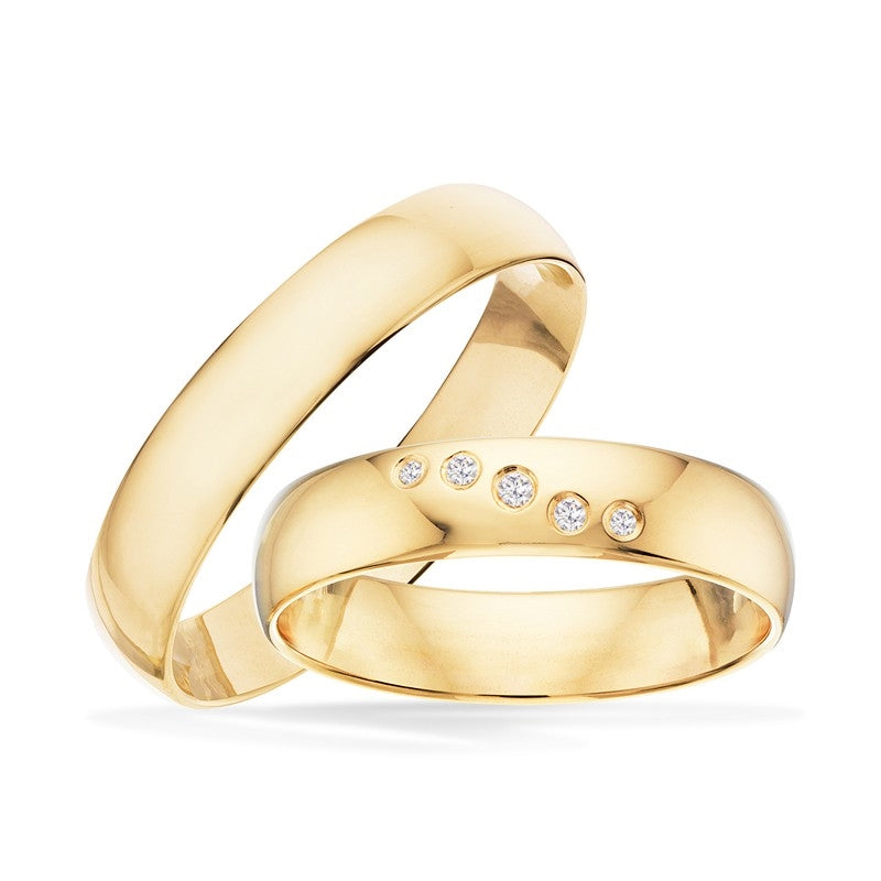 Guldringe fra Scrouples med blank overflade og 5 brillanter i dameringen 8 eller 14 kt