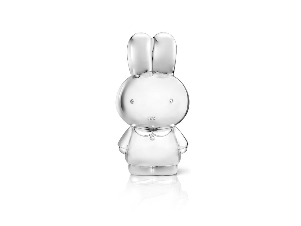 Zilverstad Miffy sparebøsse fra Zilverstad i sølvfarvet metal med poleret, glat overflade formet som kaninen Miffy.