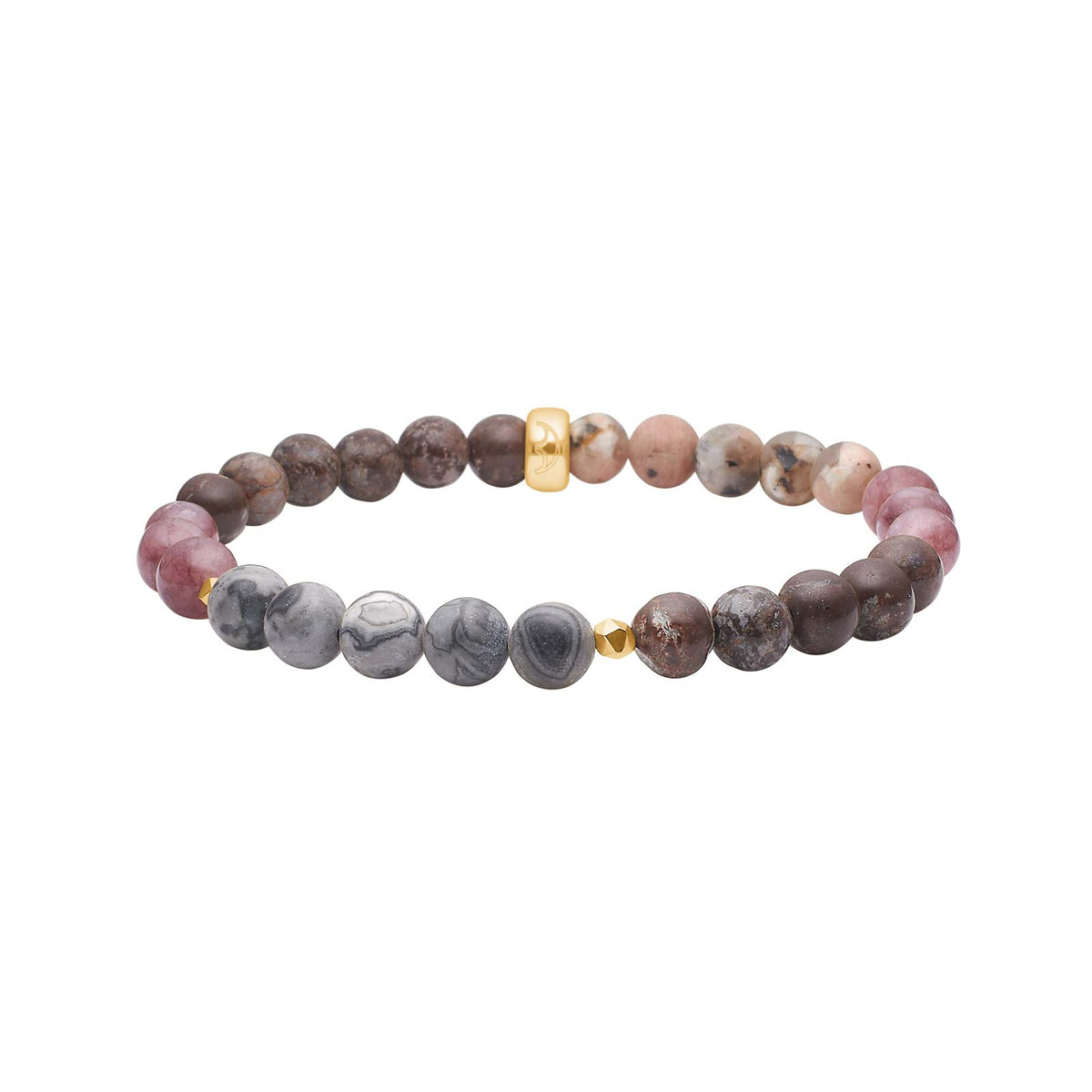 Heide Heinzendorff Jasper armbånd i sølv med 6 mm rosa, grå og brune jaspis- og kvartssten samt guldfarvede detaljer.