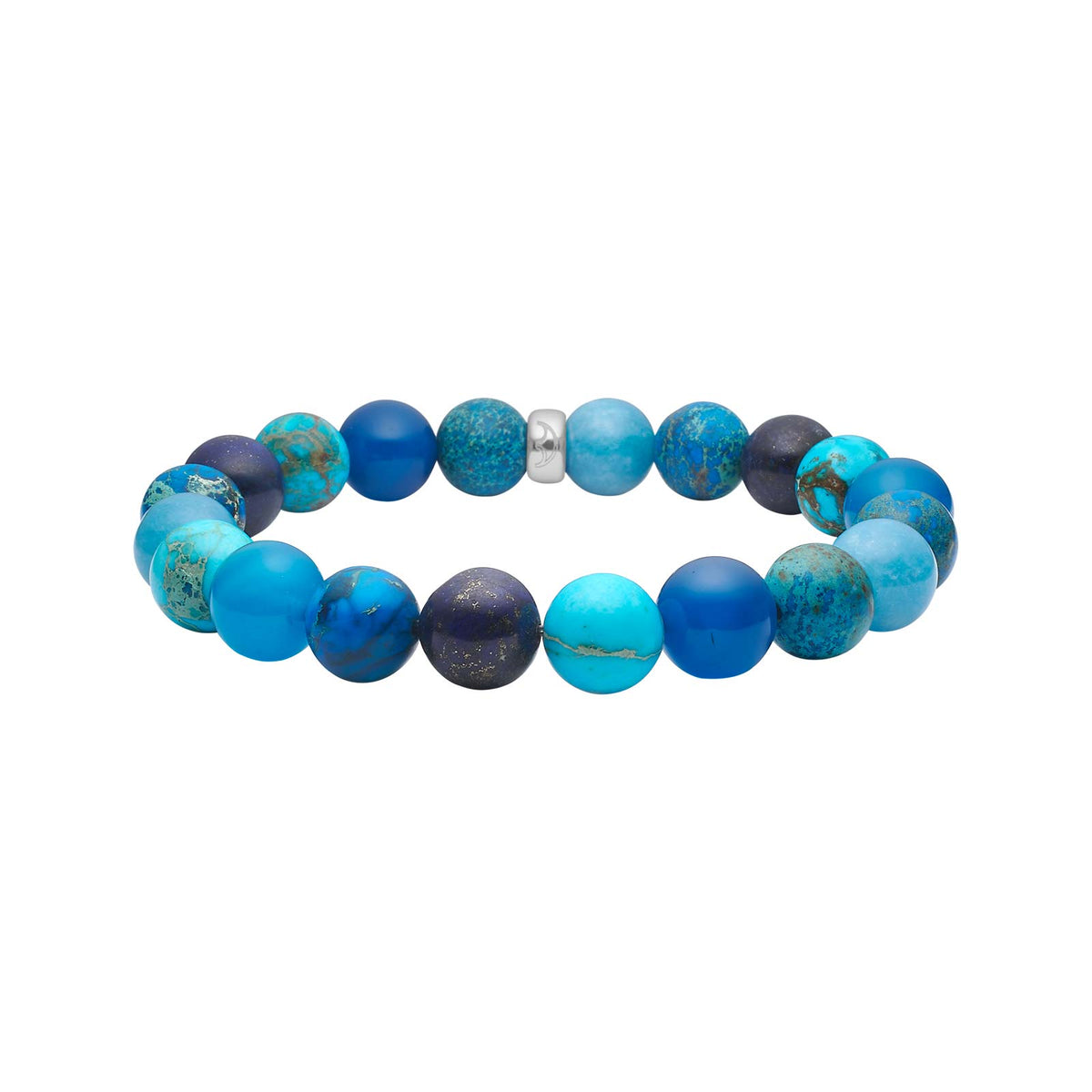 Heide Heinzendorff armbånd i sølv med 10 mm stenperler af lapis lazuli, svampekvarts, blå agat og howlit.