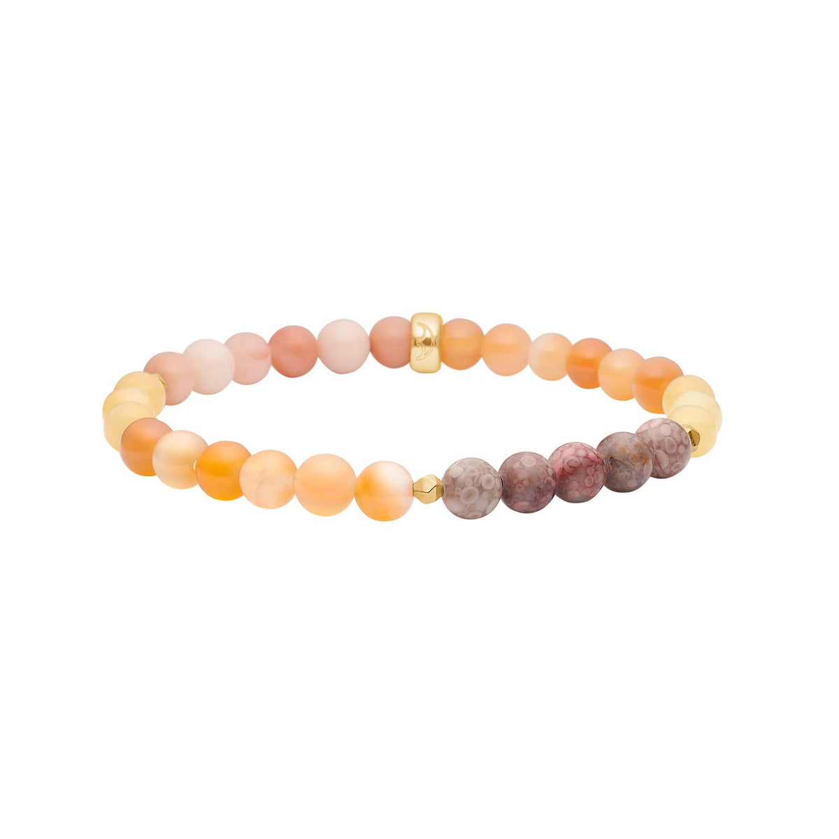 Heide Heinzendorff Jasper armbånd fra Heide Heinzendorff i forgyldt sølv med runde jade- og jaspissten i fersken, orange, creme og lilla nuancer.