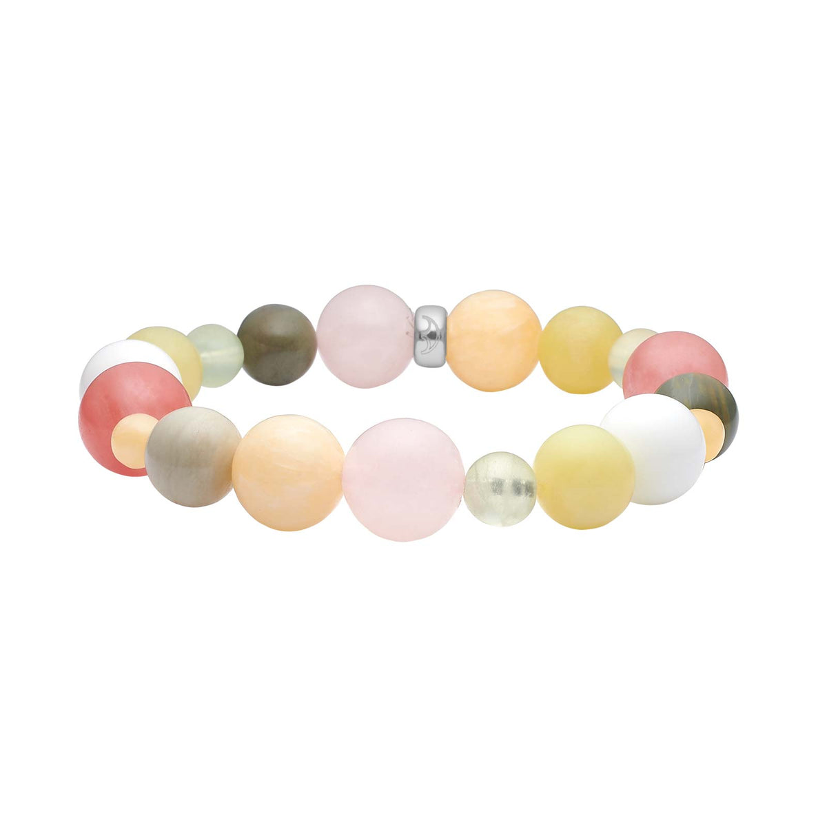 Heide Heinzendorff Rosaquartz armbånd i sølv med 12 mm runde kvartsperler i rosa og multifarvede nuancer.