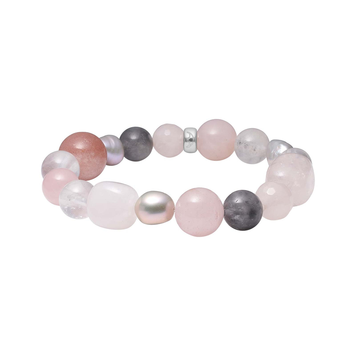 Heide Heinzendorff armbånd med rosakvarts, grå cloudy quartz, solsten og ferskvandsperler