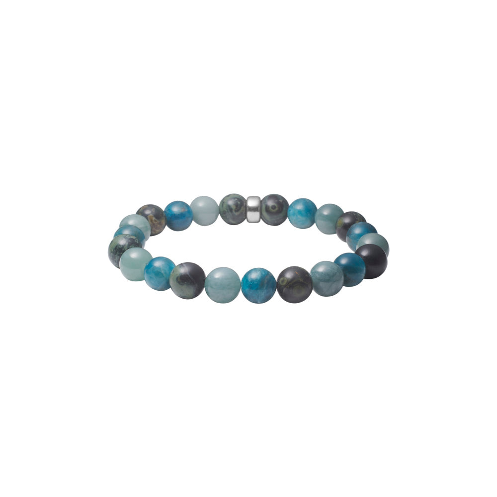 Heide Heinzendorff stenarmbånd med blå, grønne og grå perler af apatit, nephrite og jaspis på rustfrit stål.