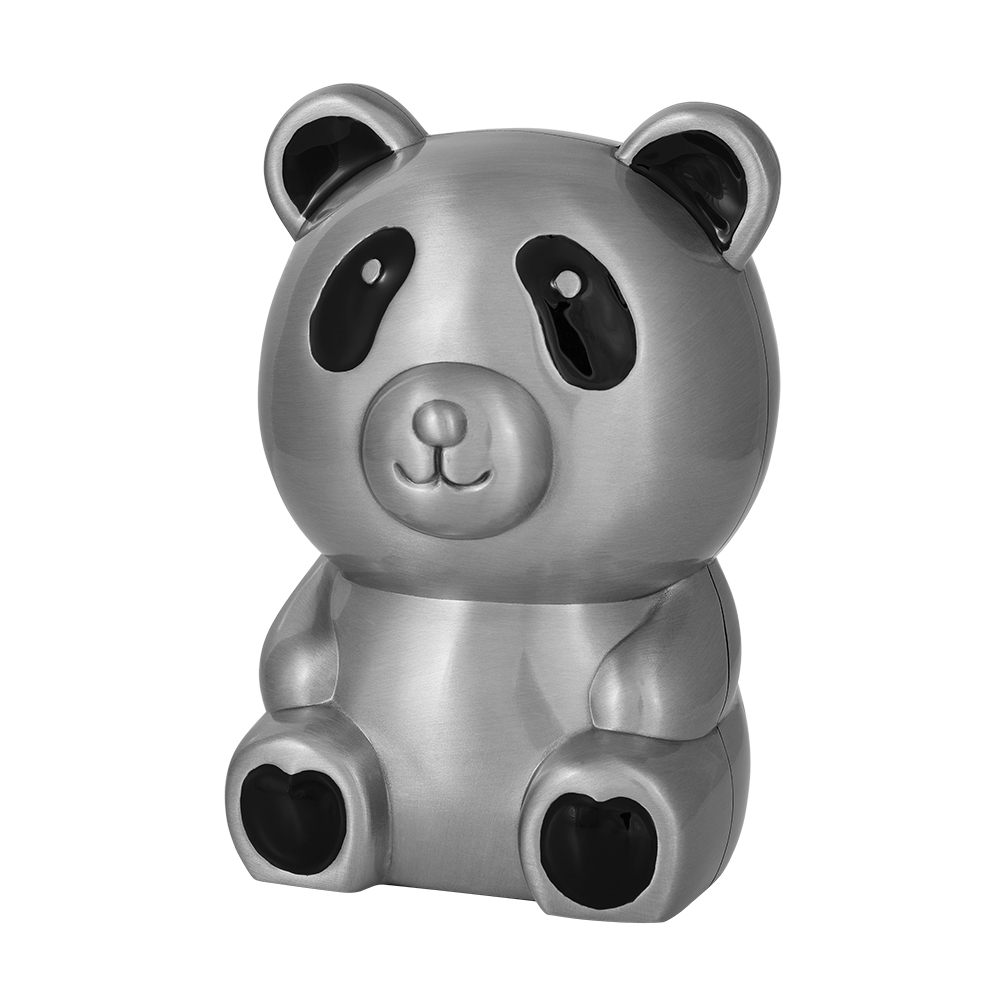 NOA Kids panda sparebøsse i sølvfarvet stål med blanke sorte detaljer.