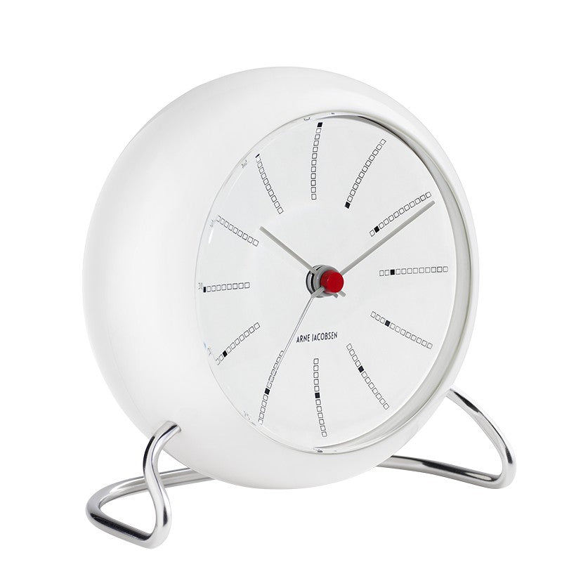 Arne Jacobsen Bankers bordur i hvid plast med hvid skive – set fra siden
