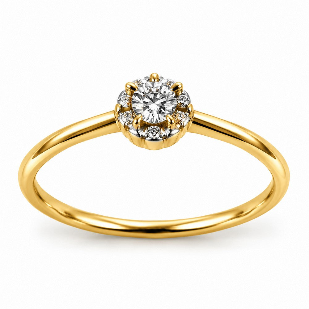 Halo ring i 8 kt guld med klar zirkonia omkranset af små zirkonia
