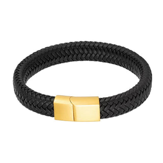 Rico's herrearmbånd i sort vævet læder med mat forgyldt lås i rustfrit stål
