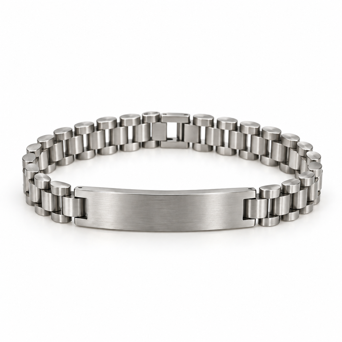 Rico's ID-armbånd i blank stål med urlænke og plade til gravering RC522S