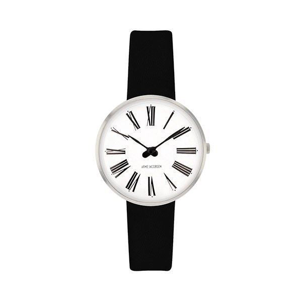 Arne Jacobsen ur - Roman -  Ø30 mm - Stål & Sort læderrem