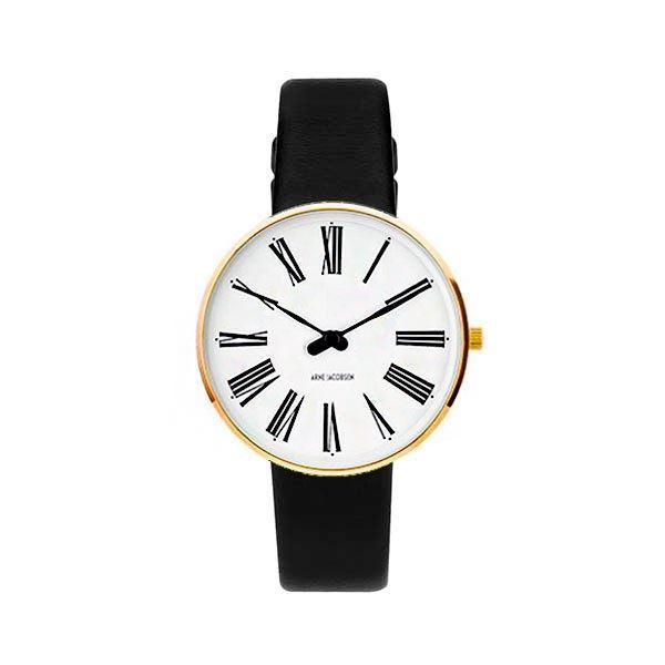 Arne Jacobsen ur - Roman -  Ø34 mm - Forgyldt & Sort læderrem