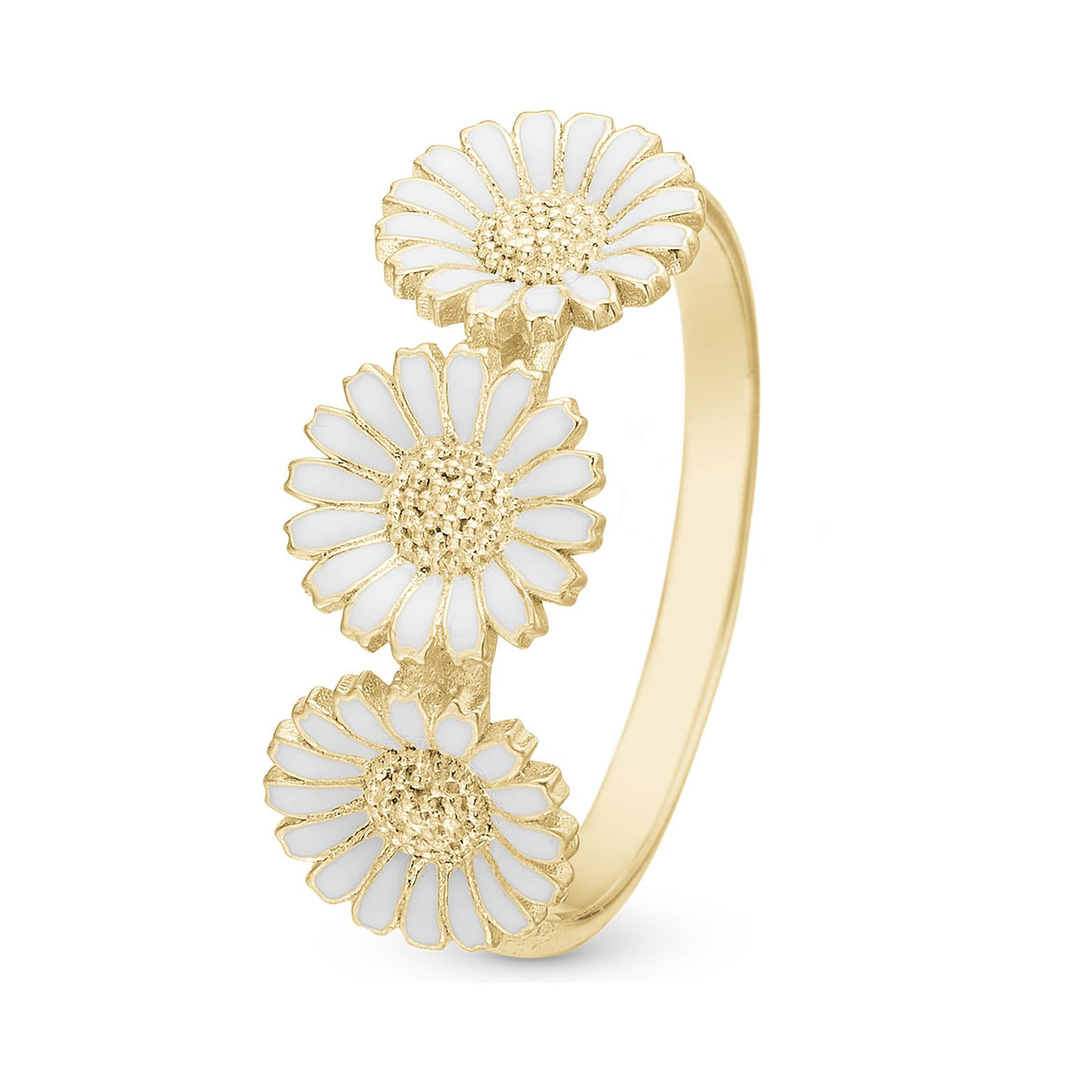 Christina Jewelry & Watches Triple Marguerite ring i forgyldt sølv med tre blomster og hvid emalje