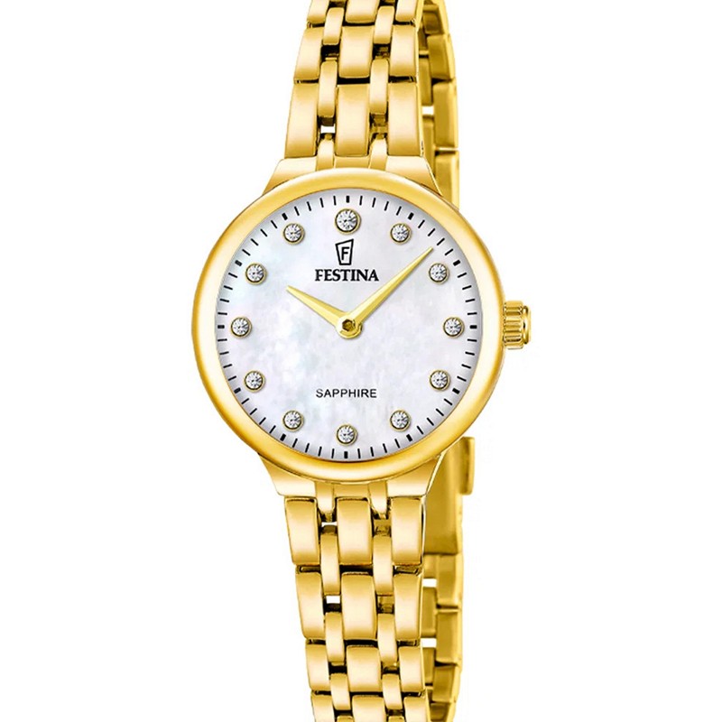 Festina Mademoiselle dameur i guldfarvet stål med perlemorskive og sten 26 mm