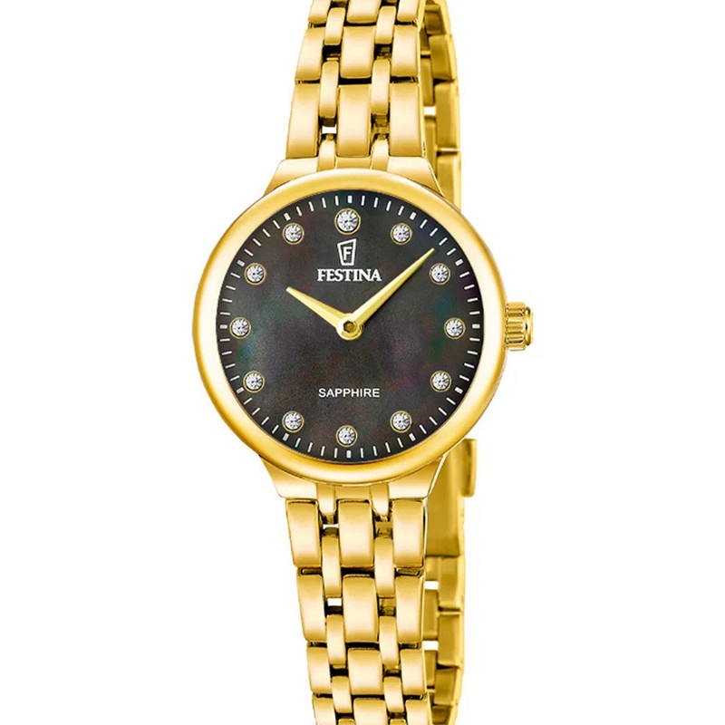 Festina Mademoiselle dameur i guldfarvet stål med sort perlemorskive 26 mm