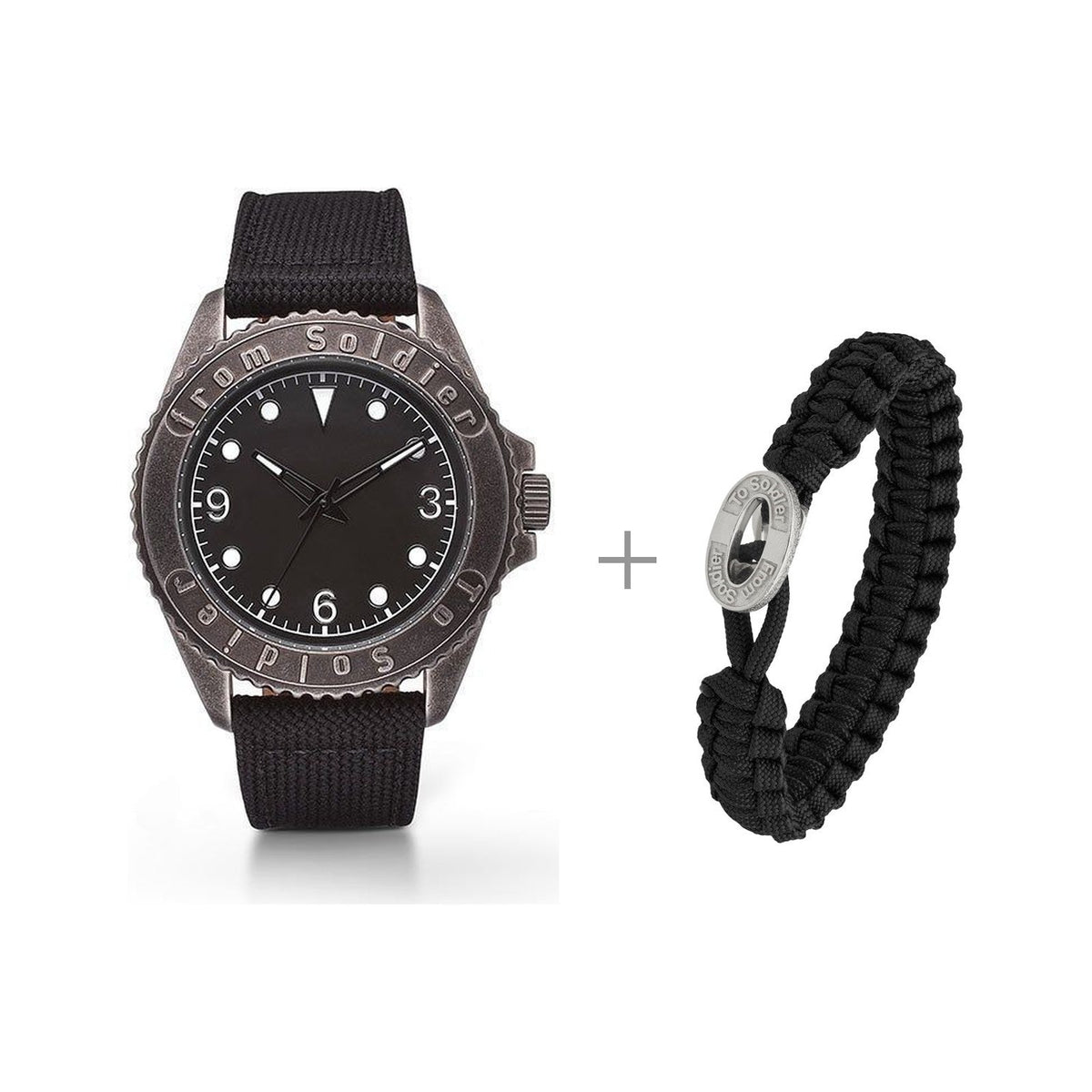 From Soldier To Soldier sæt med sort ur med safirglas og sort armbånd i faldskærmsline med oval stållås