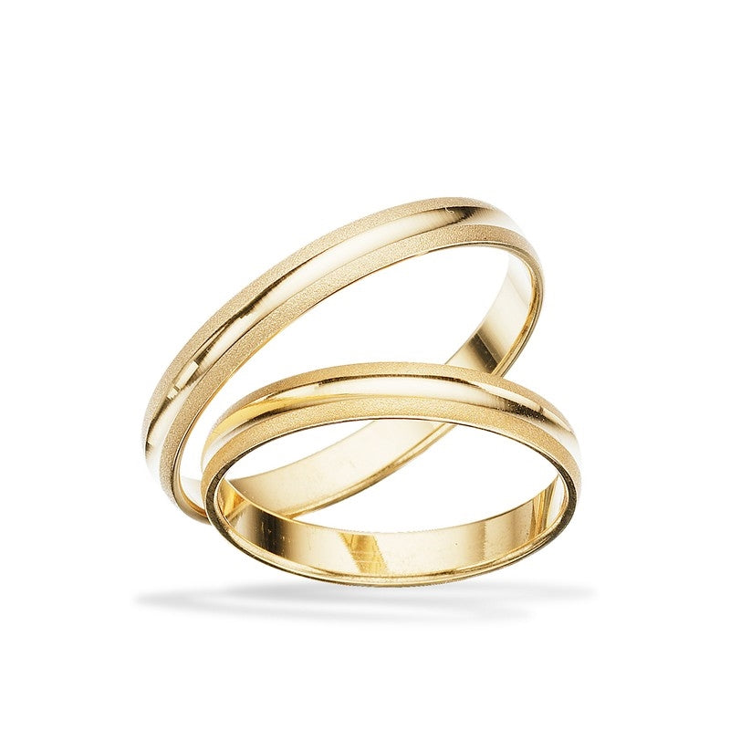 Scrouples vielsesringe i guld med blank og mat overflade, 3 mm brede