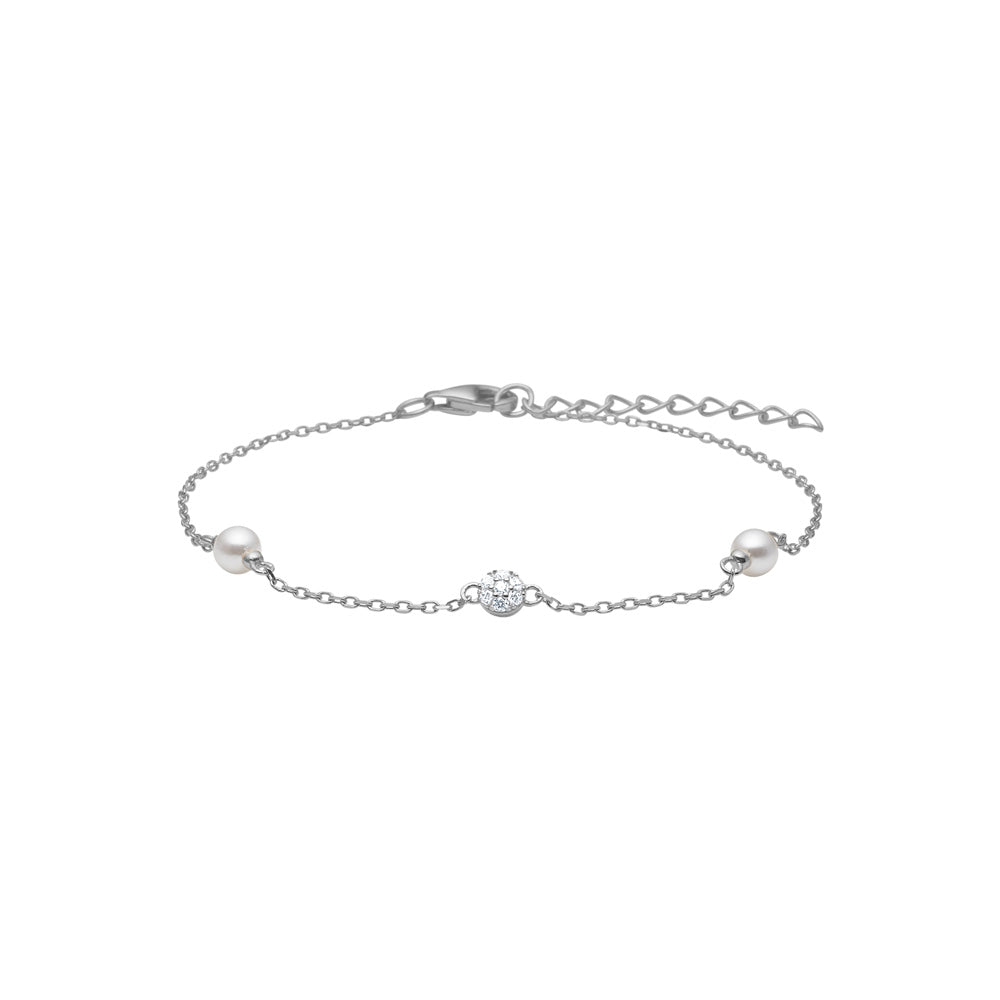 Armbånd med hvide perler og rundt zirkonia-vedhæng, sølv