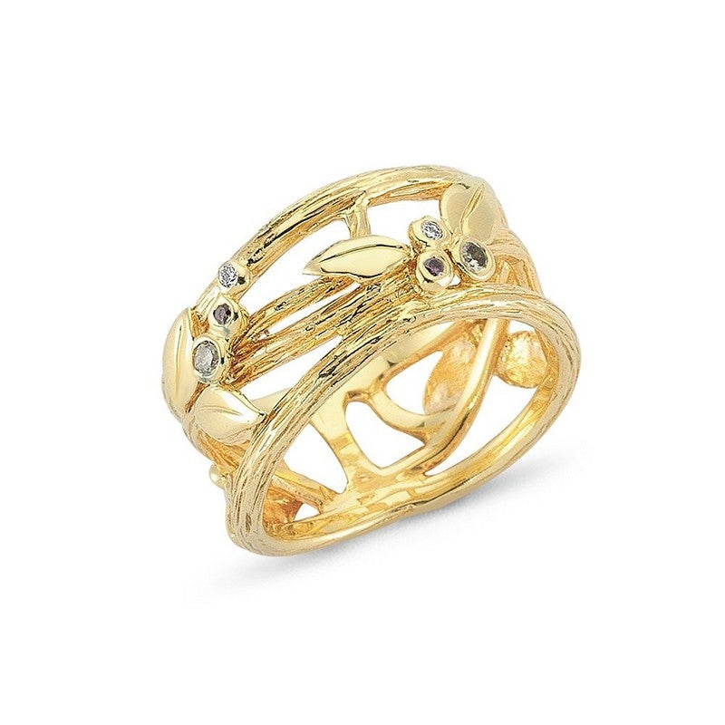 Nuran - Nature ring i 14 kt guld med i alt 0,12ct. farvede og hvide brillanter