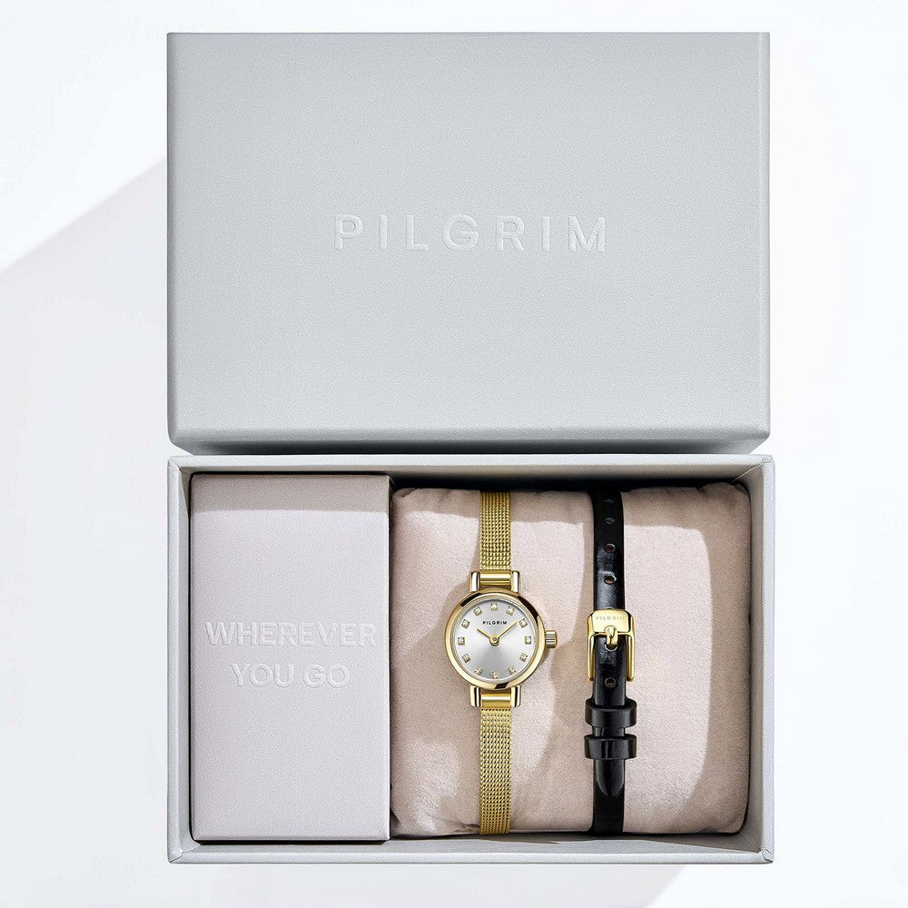 Pilgrim gavesæt med lille rundt guldfarvet ur og armbånd i æske