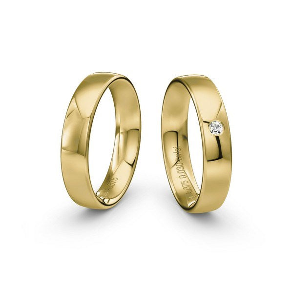 Siersbøl vielsesringe i rødguld med 0,03 ct. brillant – klassisk og romantisk design