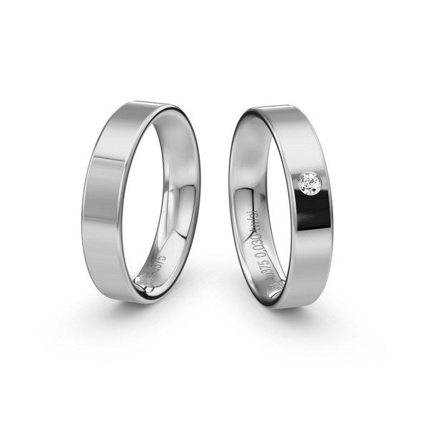 Siersbøl vielsesringe i 14 kt. hvidguld med 0,03 ct. brillant og blank overflade – profil 3
